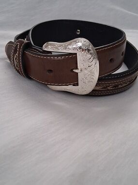 NOCONA Men's Dark Brown Leather Belt with Engraved Silver Buckle
